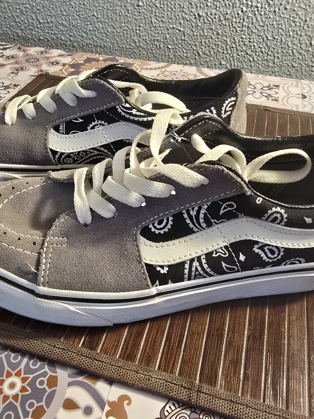 Vans Gray and Black Low-Top Sneakers with Paisley Side Panels